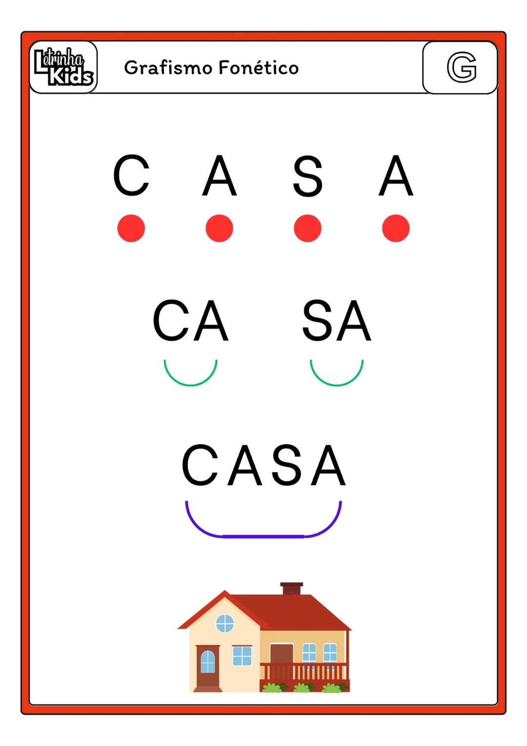 Atividade de grafismo fonético com a palavra CASA e marcações de sílabas