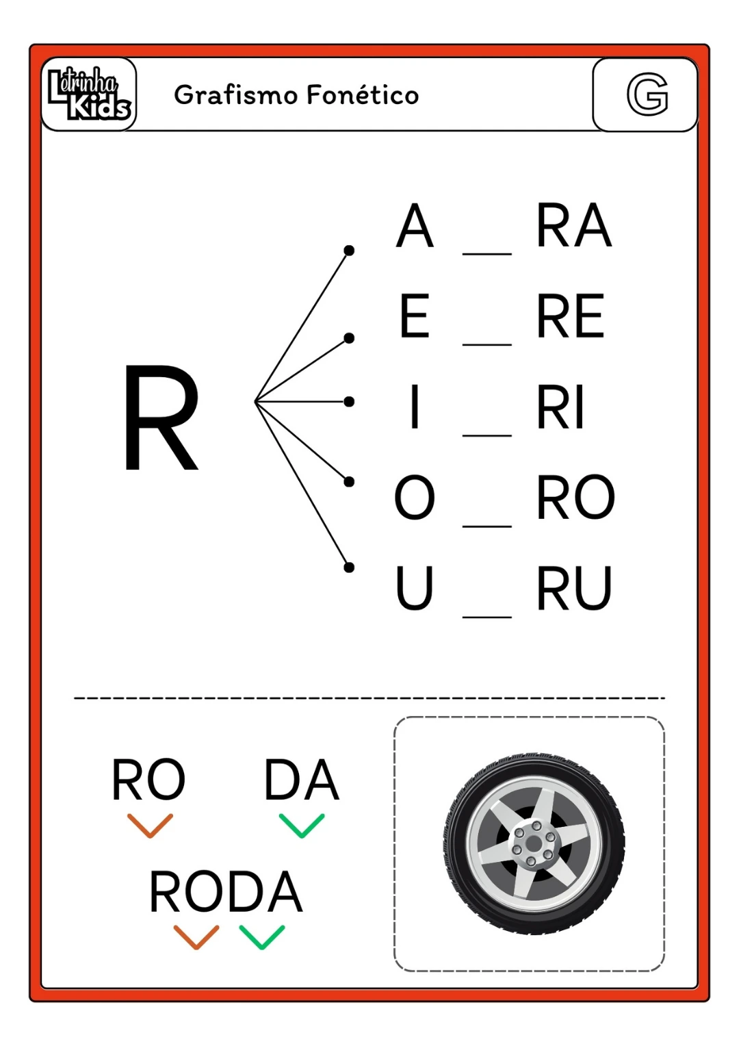 Atividade de grafismo fonético com a letra R e a palavra RODA